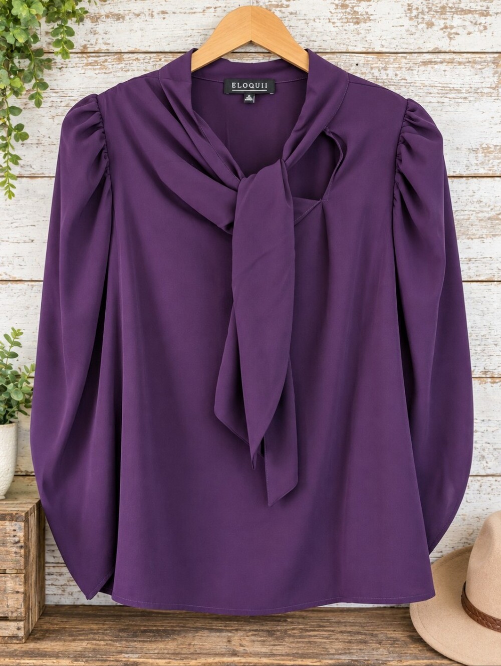 ELOQUII Size 18 Purple Tie Neck Puff Sleeve Blouse Plus Size Workwear